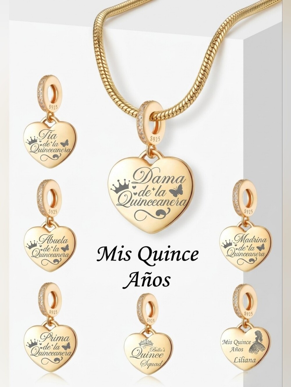 Yellow Gold Quinceanera Damas Familia Heart Charms